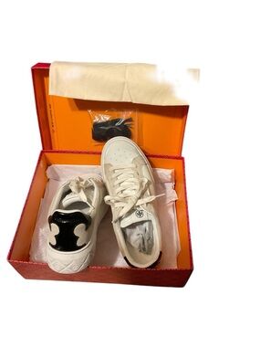 Tory Burch Cream Leather Sneakers with Black Logo Heel
